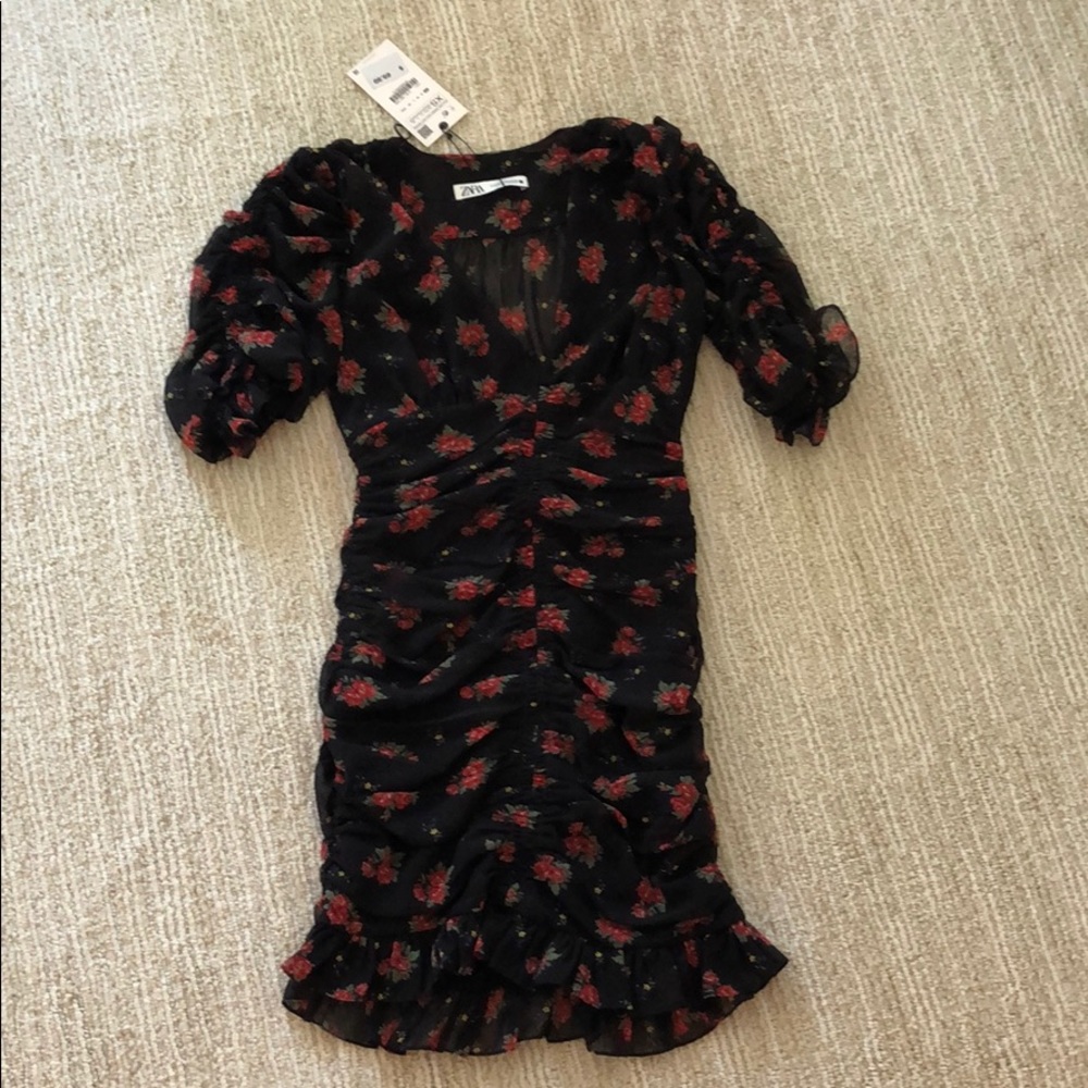 ruched zara dress with v low cut (mini dress)